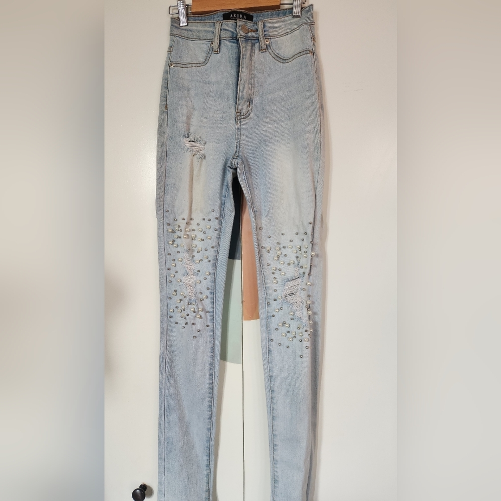 Akira Girls Love Pearls Light Blue Women's Jeans